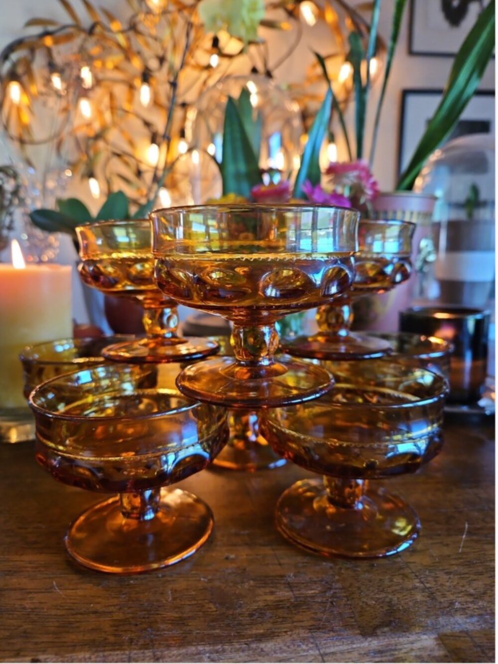 8 Vintage Amber Indiana Glass Sherbet Champagne Goblets Stemware Kings Crown
